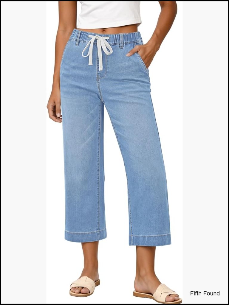 Wide Leg High Waisted Pull On Capri Jeans Stretch Denim Summer Elastic Waist